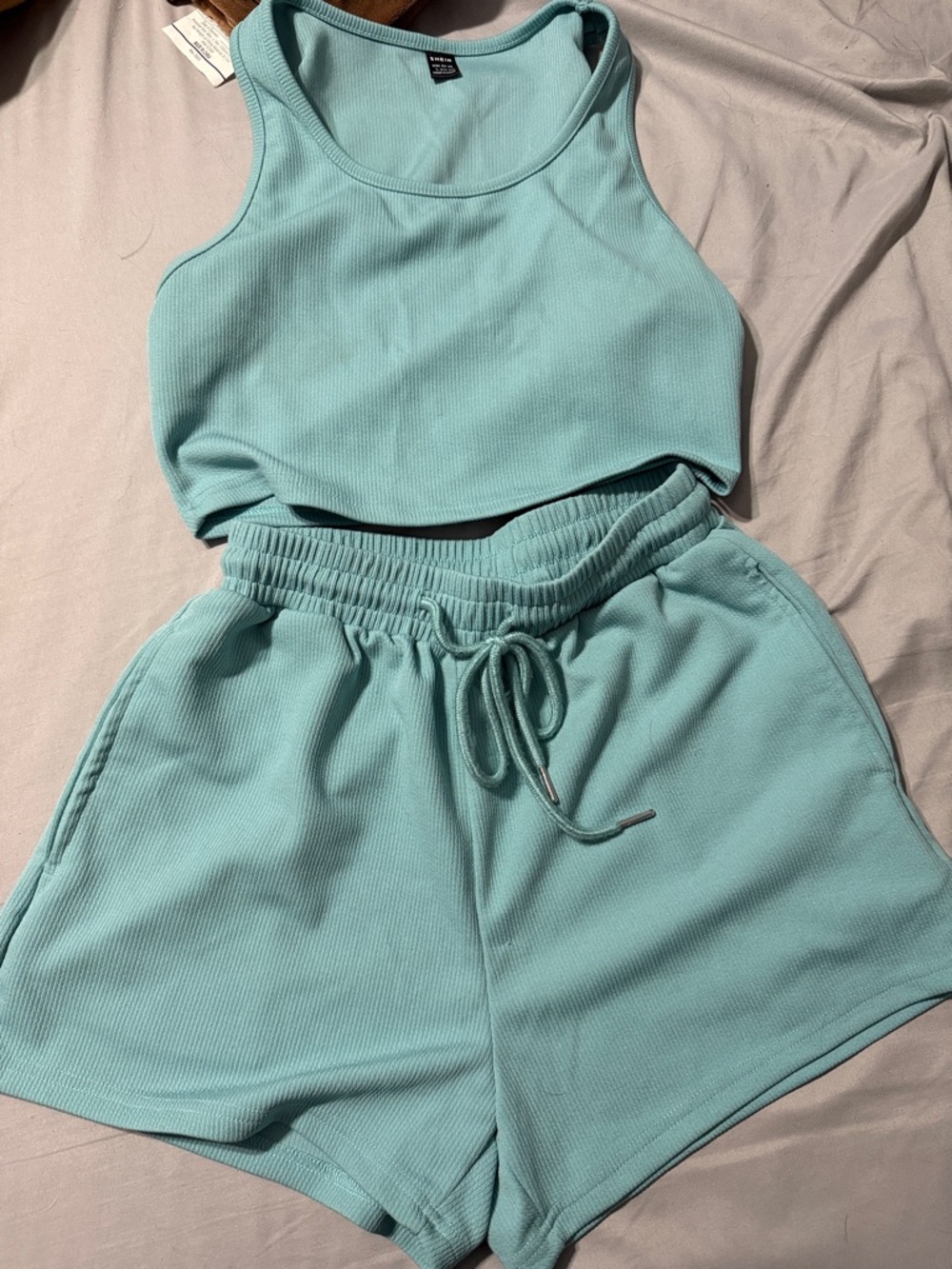 SHEIN Ribbed Drawstring Athletic Shorts in Light Teal